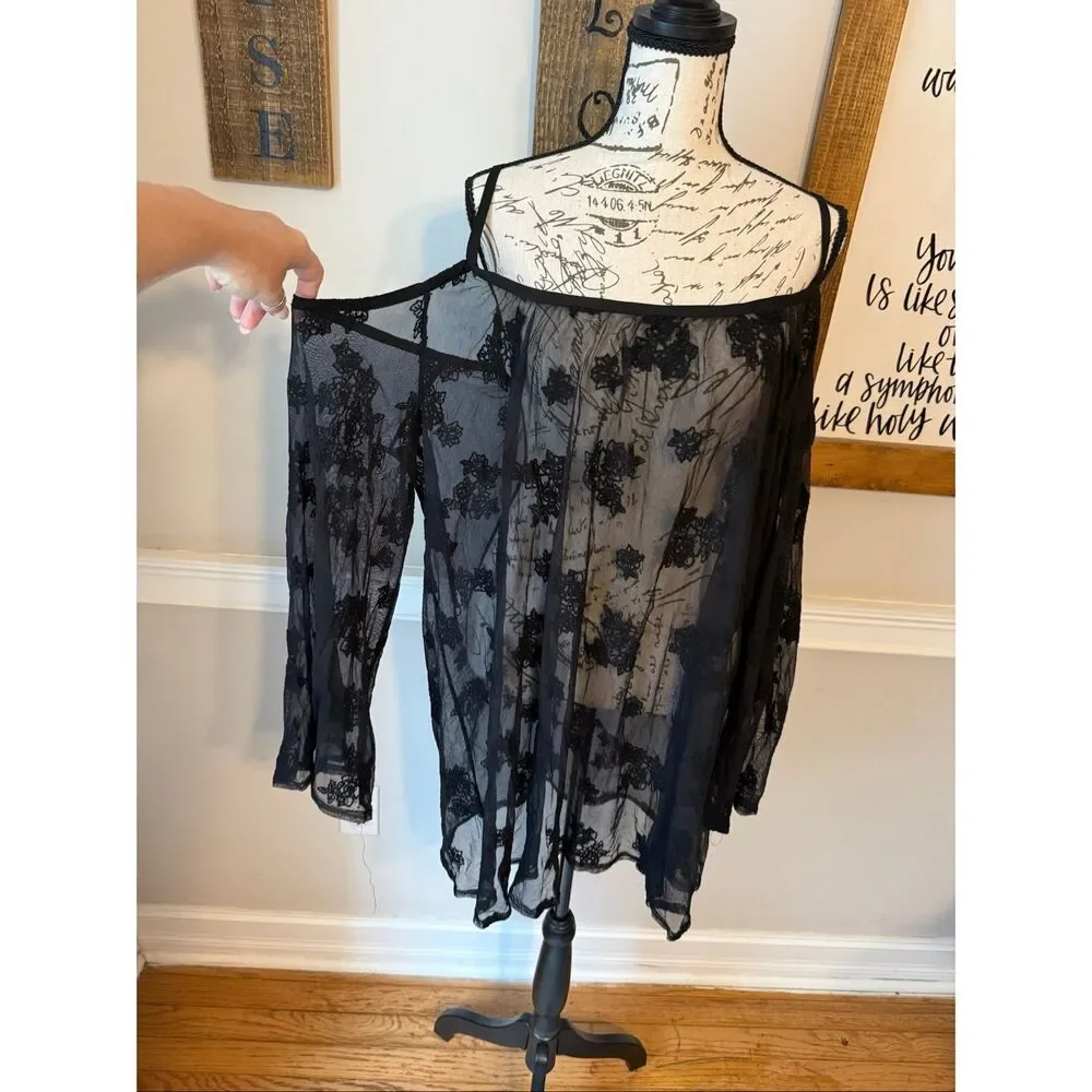 Torrid Women's Embroidered Floral Mesh Cold-Shoulder Swim Cover-up Black Sz 1/1X